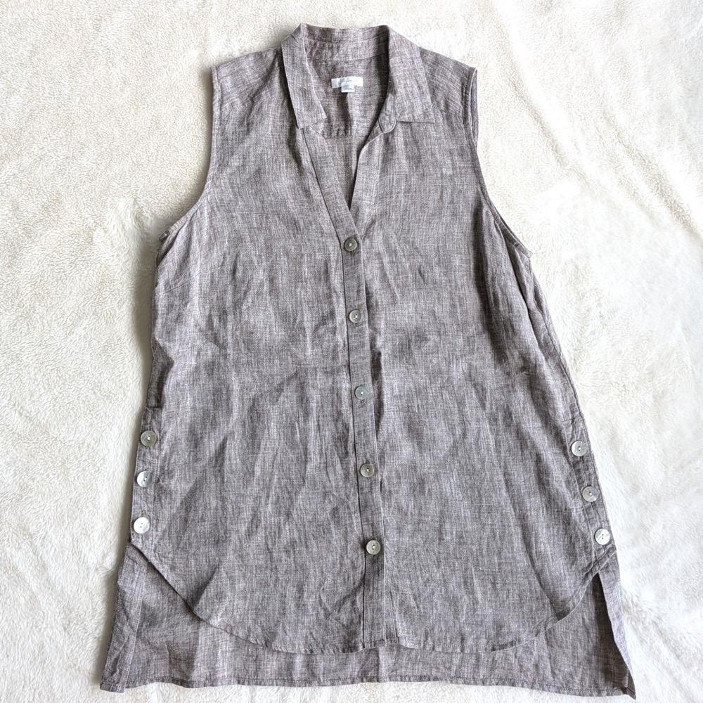 J. Jill Love Linen Sleeveless Tunic Top Brown Melange Button Down Small